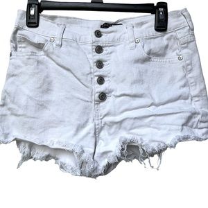 Fashion Nova High Waisted Distressed White Button Up Shorts